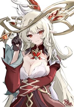 Rule 34 | 1girl, alice (genshin impact), arm under breasts, breasts, brown gloves, commentary request, cowlick, detached sleeves, dress, genshin impact, gloves, grey hair, hand up, hat, heart-shaped gem, highres, large breasts, long hair, looking at viewer, pinjirooo, pointy ears, red dress, red eyes, red sleeves, side ahoge, simple background, smile, solo, white background, white dress, witch hat