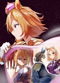 >:) 3girls absurdres admire_vega_(umamusume) animal_ears bare_shoulders blonde_hair blue_pajamas blue_pants blue_shirt blush bow brown_hair clenched_hand closed_mouth commentary_request crown fingerless_gloves forehead gloves highres horse_ears jacket jewelry mini_crown multiple_girls narita_top_road_(umamusume) off_shoulder orange_hair pajamas pants parted_bangs profile puffy_short_sleeves puffy_sleeves purple_bow purple_eyes purple_jacket purple_shirt ring school_uniform shi_(kamokamo910) shirt short_sleeves smile t.m._opera_o_(umamusume) tracen_school_uniform umamusume umamusume:_road_to_the_top v-shaped_eyebrows white_gloves yellow_eyes