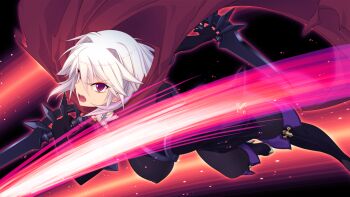 1girl arisia_hellioxenes attack black_bodysuit bodysuit boots breasts cape dual_wielding game_cg hair_between_eyes hair_intakes holding holding_sword holding_weapon knife kourin_tenshi_en_ciel_rena large_variant_set looking_at_viewer non-web_source official_art open_mouth red_cape red_eyes saitou_natsuki short_hair slashing solo suhamaya sword thigh_boots variant_set weapon white_hair