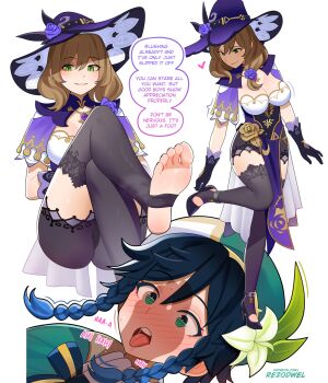 Rule 34 | 1boy, 1girl, barefoot, brown hair, feet, genshin impact, gloves, green eyes, highres, large hat, lisa (genshin impact), long hair, looking at viewer, parted lips, rezodwel, soles, steam, stirrup legwear, toeless legwear, toes, venti (genshin impact)