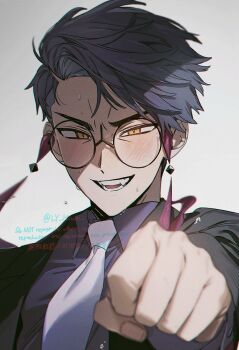 1boy arm_up black-framed_eyewear black_hair black_jacket clenched_hand collared_shirt commentary corbeau_(pokemon) glasses highres jacket kitsune_(ly_howe) long_sleeves male_focus necktie nintendo open_mouth outstretched_arm parted_hair pokemon pokemon_legends:_z-a purple_shirt round_eyewear shirt short_hair simple_background smile solo suit_jacket symbol-only_commentary teeth watermark white_background white_necktie wing_collar yellow_eyes