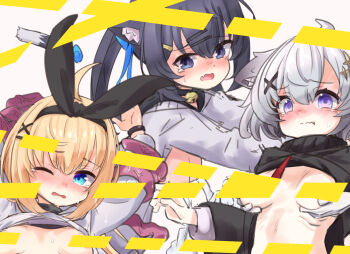 3girls ahoge animal_ear_fluff animal_ears arms_up ash_(vrchat) bar_censor bell black_cardigan black_eyes black_hair black_hairband black_hoodie black_ribbon black_sweater blonde_hair blue_eyes blue_ribbon blush breasts cardigan cat_ears cat_girl cat_tail censored censored_nipples closed_mouth clothes_lift crying crying_with_eyes_open disembodied_hand fang gloves grabbing_another's_breast grey_hair grey_shirt grey_sweater groping hair_between_eyes hair_ornament hair_ribbon hairband hairclip highres hood hood_down hoodie hoodie_lift jingle_bell lifting_another's_clothes long_hair long_sleeves looking_at_viewer medium_breasts multiple_girls neck_bell no_bra nose_blush one_eye_closed open_cardigan open_clothes open_mouth purple_eyes rearalice_(vrchat) restrained ribbon sailor_collar sephira_(vrchat) shirt shirt_lift short_hair simple_background skin_fang small_breasts star_(symbol) star_hair_ornament sweat sweater sweater_lift t_monak tail tail_bell tail_ornament tearing_up tears tentacles tickling trembling twintails upper_body vrchat wavy_mouth white_background white_gloves white_hoodie white_shirt white_sweater wince x_hair_ornament