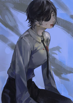 1girl absurdres black_hair black_necktie black_pants blood blood_from_mouth blood_on_clothes chainsaw_man collared_shirt erulusyro eyepatch highres himeno_(chainsaw_man) necktie nosebleed pants shirt solo white_shirt