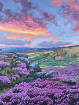 Rule 34 | blue sky, cloud, cloudy sky, evening, field, flower, flower field, highres, jimmusilpainter, nature, no humans, original, purple flower, scenery, sky