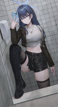 1girl absurdres alternate_costume black_boots black_shorts black_thighhighs blue_archive blue_eyes blue_hair blue_halo blue_nails boots breasts brown_jacket cellphone closed_mouth commentary cropped_jacket cropped_shirt flippy_(cripine111) halo highres holding holding_phone jacket large_breasts leg_up long_hair looking_at_viewer mirror_selfie navel open_clothes open_jacket phone saori_(blue_archive) selfie shirt shorts smartphone smile solo stomach thigh_boots thighhighs white_shirt