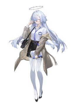 1girl absurdres adjusting_eyewear bag black_shoes black_skirt blue_hair book coat collared_shirt commentary_request floating_hair full_body hair_over_one_eye halo hand_up highres holding holding_book jacket long_hair long_sleeves looking_at_viewer mornye_(wuthering_waves) necktie official_alternate_costume official_art open_clothes open_coat parted_lips red_eyes school_bag school_uniform second-party_source shirt shoes simple_background skirt smile solo standing very_long_hair white_background white_shirt wuthering_waves