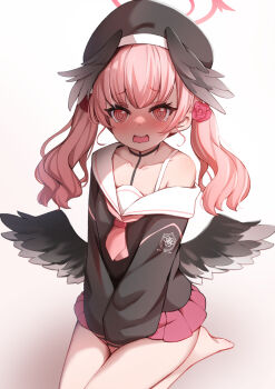 1girl @_@ absurdres barefoot beret between_legs black_choker black_hat black_shirt black_wings blue_archive blush chinese_commentary choker collarbone commentary_request daoyan embarrassed eyelashes feathered_wings flower furrowed_brow hair_between_eyes hair_flower hair_ornament halo hand_between_legs hat head_wings highres knees_out_of_frame koharu_(blue_archive) long_hair low_wings miniskirt nose_blush open_mouth partial_commentary pink_eyes pink_hair pleated_skirt red_flower red_halo red_rose red_skirt rose sailor_collar school_uniform seiza serafuku shirt sidelighting simple_background single_bare_shoulder sitting skirt sleeves_past_wrists solo tearing_up twintails v_arms wavy_mouth white_background white_sailor_collar wings