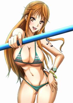 Rule 34 | 1girl, adapted costume, bangle, bare arms, bare shoulders, bikini, bracelet, breasts, brown eyes, cleavage, clima-tact, cowboy shot, curvy, female focus, jewelry, large breasts, log pose, long hair, looking at viewer, nami (one piece), nami (one piece) (return to sabaody), navel, one piece, open mouth, orange hair, pirosiki77, shoulder tattoo, simple background, smile, solo, staff, stomach, swimsuit, tattoo, thick thighs, thighs, underboob, upper body, white background, wide hips