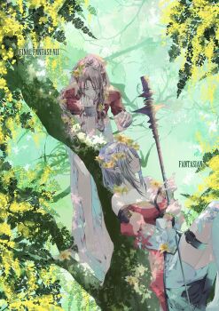 2girls aerith_gainsborough bangle bare_shoulders barefoot bracelet braid braided_ponytail breasts brown_hair closed_eyes dress fantasian final_fantasy final_fantasy_vii green_eyes hair_between_eyes hair_ribbon half-closed_eyes head_on_hand highres holding holding_staff in_tree jacket jewelry kina_(fantasian) long_dress looking_at_another medium_breasts multiple_girls off-shoulder_dress off_shoulder parted_bangs pink_dress ponytail red_dress red_jacket ribbon short_sleeves sidelocks single_braid staff thigh_strap tree tsukini_shigure