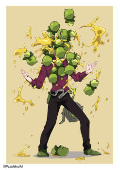 1boy artist_name black_pants border brassius_(pokemon) green_shoes highres maddy male_focus nintendo olive_oil outside_border pants pokemon pokemon_(creature) pokemon_sv purple_shirt shirt shoes simple_background smoliv standing white_border yellow_background