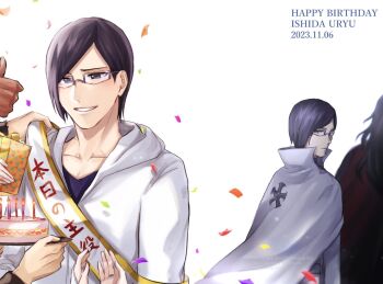 1046sstep_btoh 2girls 5boys black_eyes black_hair bleach bleach:_sennen_kessen-hen bridal_gauntlets cake cape character_name commentary_request confetti dated dual_persona food frown gift glasses happy_birthday holding holding_cake holding_food holding_gift hood hoodie inoue_orihime ishida_uryuu kuchiki_rukia kurosaki_ichigo long_hair multiple_boys multiple_girls parted_lips sado_yasutora smile thumbs_up wandenreich_uniform white_bridal_gauntlets white_cape white_hoodie yhwach