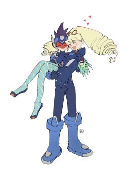 Rule 34 | 1girl, 2boys, bad id, bad twitter id, blonde hair, blue bodysuit, blue dress, blue helmet, blue pantyhose, blush, bodysuit, bow, carrying, closed eyes, dress, drill hair, geo stelar (mega man), hair bow, heart, helmet, highres, kukakooo, long hair, luna platz (mega man), mega man (series), mega man star force (series), multiple boys, omega-xis (mega man), open mouth, pantyhose, princess carry, signature, smile, star force mega man, striped clothes, striped pantyhose, twin drills