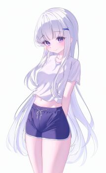 Rule 34 | 1girl, arm at side, artist request, ayatsuno yuni, blue shorts, closed mouth, commentary request, cowboy shot, crop top, cropped shirt, dolphin shorts, drawstring, grey hair, hair ornament, highres, korean commentary, long hair, long sidelocks, looking at viewer, midriff, navel, purple eyes, purple pupils, second-party source, shirt, short shorts, short sleeves, shorts, sidelocks, smile, solo, standing, star-shaped pupils, star (symbol), stellive, symbol-shaped pupils, t-shirt, very long hair, virtual youtuber, white shirt, x hair ornament