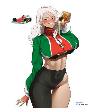 1girl absurdres artist_name asymmetrical_clothes black_bra blush bra breasts brown_eyes car cars_(movie) covered_navel cropped_jacket eyelashes food francesco_(cars) green_jacket highres holding holding_food holding_pizza italian_flag jacket large_breasts linea_alba long_hair motor_vehicle multicolored_jacket nisp_art personification pizza pizza_slice red_jacket single_pantsleg tan underwear vehicle_and_personification white_background white_hair