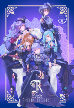 Rule 34 | 5girls, aqua flower, aqua hair, aqua rose, bang dream!, bang dream! girls band party!, black boots, black hair, black pantyhose, blue background, blue dress, blue hair, blue hat, blue ribbon, blue wrist cuffs, boots, breasts, brown hair, closed mouth, clothing cutout, commentary, dress, earrings, flower, green eyes, hair ribbon, half updo, hat, highres, hikawa sayo, imai lisa, inset border, jewelry, large breasts, long hair, long sleeves, looking at viewer, medium breasts, minato yukina, multiple girls, one eye closed, one side up, pantyhose, pink eyes, pink flower, pink rose, purple eyes, purple flower, purple hair, purple rose, ribbon, rose, roselia (bang dream!), shirokane rinko, short hair with long locks, shoulder cutout, sidelocks, smile, thigh boots, udagawa ako, upper body, white flower, white rose, wrist cuffs, yue mao (yukinihime)