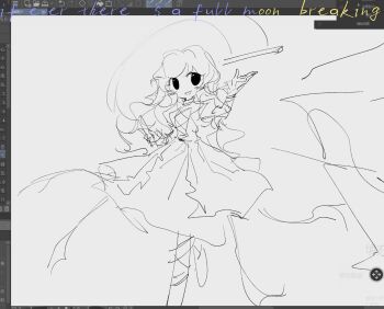 1girl black_outline commentary_request english_text fialentul full_body grey_background greyscale highres hijiri_byakuren long_hair looking_at_viewer monochrome outline sketch solo sorcerer's_sutra_scroll toon_(style) touhou user_interface
