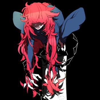 1boy 2016 alien androgynous arm_up artist_name berg_katse black_background blue_pants blue_suit claw_pose clenched_hand collarbone commentary creepy diamond_(shape) facing_viewer floating formal_clothes full_body gatchaman_crowds hair_over_eyes hand_in_own_hair high_heels japanese_text kinako_(marubotan) leaning_forward long_hair male_focus messy_hair open_collar open_mouth outstretched_arms pale_skin pants pink_hair prehensile_tail red_lips shadow sharp_teeth simple_background sitting sitting_on_object smile solo suit tail tail_around_arm teeth two-tone_footwear very_long_hair