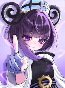 1girl black_dress blunt_bangs bob_cut closed_mouth coat dress eyelashes gloves gwynn_(pokemon) hat highres index_finger_raised kawahagi_o long_sleeves looking_at_viewer nintendo open_clothes open_coat partially_fingerless_gloves pokemon pokemon_legends:_z-a purple_eyes purple_hair short_hair smile solo upper_body white_coat