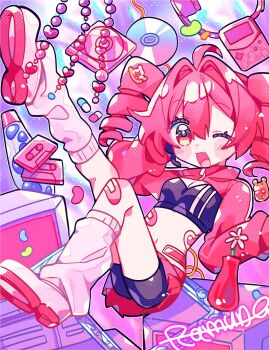 1girl ;d ahoge bandaid bandaid_on_knee bandaid_on_leg bandaid_on_stomach bike_shorts bike_shorts_under_skirt black_shirt blush_stickers cassette_tape cd cd_case commentary crop_top cropped_shirt double-parted_bangs drill_hair fang full_body hair_between_eyes hair_intakes highres kasane_teto kneehighs long_sleeves looking_at_viewer loose_socks midriff miniskirt navel one_eye_closed open_mouth outline outstretched_leg pleated_skirt red_eyes red_hair red_shrug red_skirt shirt shoes short_hair shrug_(clothing) skin_fang skirt smile socks solo symbol-only_commentary twin_drills utau white_outline white_shoes white_socks yuusuke-kun