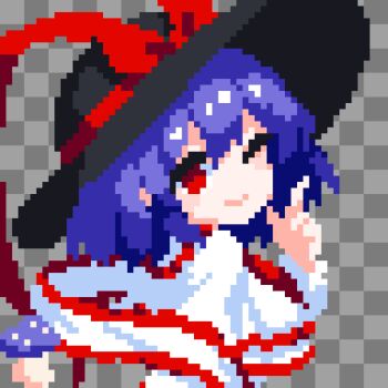 1girl ;) black_hat bow capelet checkered_background closed_mouth commentary frilled_capelet frills grey_background hat hat_bow highres index_finger_raised looking_at_viewer mushroom nagae_iku one_eye_closed pixel_art purple_hair red_bow red_eyes short_hair smile solo symbol-only_commentary takeez3 touhou upper_body white_capelet