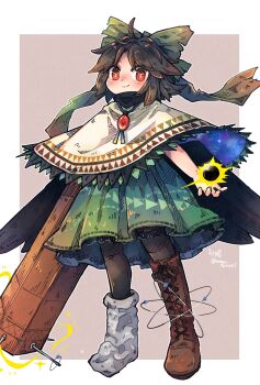 1girl arm_cannon asymmetrical_footwear black_hair black_pantyhose black_wings boots bow brown_boots capelet commentary_request green_bow hair_bow highres knee_boots lace-up_boots looking_at_viewer mame_komari mismatched_footwear pantyhose red_eyes reiuji_utsuho short_hair solo third_eye touhou weapon white_capelet wings