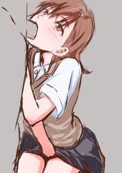 between_legs brown_eyes brown_hair brown_sweater_vest collared_shirt commentary_request dress_shirt fellatio female_masturbation grey_background hair_between_eyes hand_between_legs looking_up masturbation medium_hair mie_chau misaka_mikoto oral school_uniform shirt sketch sweater_vest toaru_kagaku_no_railgun toaru_majutsu_no_index tokiwadai_school_uniform v-neck white_shirt