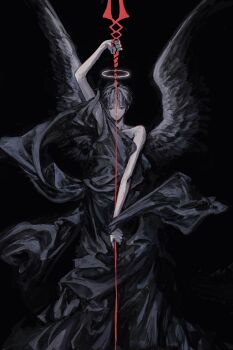 1boy arm_up black_background black_hair blue_eyes collarbone halo hashtag-only_commentary highres holding holding_polearm holding_weapon ikari_shinji lance_of_longinus_(evangelion) looking_at_viewer male_focus multiple_wings neon_genesis_evangelion nude polearm short_hair simple_background skinny solo spread_wings weapon wings zhiwukafuka