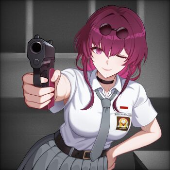 1girl absurdres aiming aiming_at_viewer breasts choker collared_shirt eyewear_on_head grey_necktie grey_skirt gun hair_between_eyes hand_pointing_a_gun_(meme) highres holding holding_gun holding_weapon honkai:_star_rail honkai_(series) indonesian_flag kafka_(honkai:_star_rail) long_hair looking_at_viewer maruginoru meme necktie one_eye_closed purple_eyes purple_hair round_eyewear school_uniform shirt simple_background skirt smile solo sunglasses weapon white_shirt
