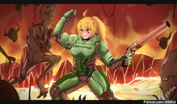 1girl alternate_costume alternate_universe armor blonde_hair blood blood_on_face cosplay crossover demon doom_(series) doomguy doomguy_(cosplay) face_punch green_armor gun hell holding holding_weapon horns in_the_face long_hair punching red_eyes rwby shotgun spikes wavy_hair weapon yang_xiao_long z666ful