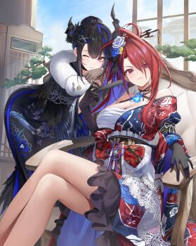 2girls absurdres ahoge aoi_13 asymmetrical_horns bent_over black_gloves black_hair black_kimono blue_fire blue_hair breasts chair colored_inner_hair commentary_request crossed_legs day elizabeth_rose_bloodflame elizabeth_rose_bloodflame_(new_year) feather-trimmed_kimono fire fire_on_chest floral_print floral_print_kimono flower folding_fan fur_scarf furisode gloves hair_bun hair_flower hair_ornament hair_over_one_eye hand_fan highres holding holding_fan hololive hololive_english horn_flower horns huge_ahoge japanese_clothes kimono lace lace_gloves large_breasts long_hair looking_at_viewer medium_hair multicolored_hair multiple_girls nerissa_ravencroft nerissa_ravencroft_(new_year) obi official_alternate_costume official_alternate_hairstyle on_chair one_eye_closed outdoors ponytail print_kimono purple_eyes red_eyes red_hair red_kimono sarashi sash scarf single_hair_bun single_hair_intake single_sidelock sitting slit_pupils standing streaked_hair uneven_horns virtual_youtuber white_scarf