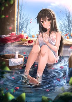 1girl absurdres alternate_costume barefoot bathing blush breasts brown_hair bucket chinese_commentary cleavage closed_mouth collarbone commentary_request convenient_leg dorsiflexion flower folded_clothes hakurei_reimu highres long_hair looking_at_viewer naked_towel partially_submerged red_flower red_petals sdftehn sitting smile soaking_feet solo toes tokkuri touhou towel unworn_clothes water wet wooden_bucket yellow_eyes
