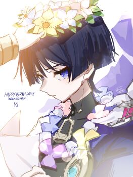 Rule 34 | 1boy, alternate headwear, black bodysuit, black hair, blue gem, blunt ends, bodysuit, bracelet, bright pupils, cape, character name, closed mouth, commentary request, covered collarbone, dated, durin (genshin impact), eyeliner, flower, flower necklace, flower wreath, gem, genshin impact, gloves, gold, happy birthday, highres, holding, holding paper, jewelry, leaf, looking at viewer, makeup, mandarin collar, nahida (genshin impact), necklace, oishii sasa, paper, pink flower, pink gem, port, purple cape, purple eyes, purple flower, red eyeliner, scaramouche (genshin impact), signature, sketch, vision (genshin impact), wanderer (genshin impact), white background, white flower, white gloves, white pupils, wispy bangs, yellow flower