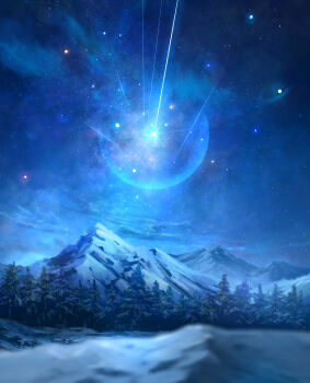 blue_sky commentary_request forest highres landscape meteor_shower mountain mountainous_horizon n_(nnn2927) nature night no_humans original outdoors pine_tree scenery sky star_(sky) starry_sky tree winter