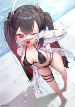 1girl absurdres azur_lane bikini black_bikini black_choker breasts choker coat colored_inner_hair commentary fellatio_gesture foreshortening from_above full_body hatsuzuki_(august&#039;s_first_romance)_(azur_lane) hatsuzuki_(azur_lane) heart heart-shaped_pupils highres horns kurohane_osamu long_hair long_sleeves looking_at_viewer multi-strapped_bikini_bottom multicolored_hair multiple_thigh_straps official_alternate_costume one_eye_closed open_mouth outdoors red_eyes red_hair see-through_clothes see-through_coat shadow small_breasts solo swimsuit symbol-shaped_pupils thigh_strap tongue tongue_out twintails two-tone_hair very_long_hair white_coat
