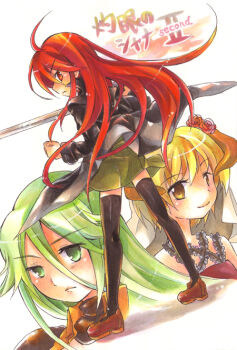 00s 3girls bad_id bad_pixiv_id mare mare_(shakugan_no_shana) marker_(medium) multiple_girls pheles red_hair shakugan_no_shana shana tachitsu_teto thighhighs traditional_media