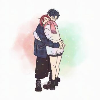 1boy 1girl arms_around_waist ayase_momo black_boots black_hair black_pants black_skirt blue_coat boots brown_hair closed_eyes coat commentary couple crossed_bangs dandadan earrings full_body glasses hair_between_eyes hetero hug jewelry k_ysd001 light_blush own_hands_clasped own_hands_together pants parted_bangs pink_scarf plaid_clothes plaid_coat pleated_skirt round_eyewear scarf skirt smile snow standing symbol-only_commentary takakura_ken_(dandadan) white_coat