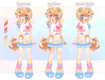 1girl absurdres ahoge animal_ears animal_slippers bear_slippers blue_eyes blue_skirt blue_slippers brown_hair cloud_(lufaeris) color_guide commentary dog_ears dog_girl dog_tail english_commentary full_body furry furry_female hair_between_eyes highres looking_at_viewer medium_hair miniskirt multiple_views open_mouth original shirt short_hair skirt slippers smile socks swept_bangs tail white_shirt yellow_socks