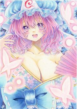 1girl armpit_crease bare_shoulders blue_bow blue_hat blue_kimono blue_nails blush bow breasts bug butterfly cleavage collarbone commentary fingernails floral_print folding_fan frilled_hat frills glowing_butterfly hair_between_eyes hand_fan hat highres insect japanese_clothes kimono large_breasts lily_k_oekaki looking_at_viewer marker_(medium) medium_hair mob_cap nail_polish paper_fan pink_hair saigyouji_yuyuko smile solo touhou traditional_media triangular_headpiece upper_body white_butterfly