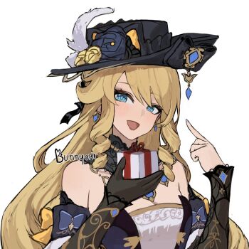 1girl :d artist_name black_hat blonde_hair blue_eyes box bunnyoki detached_sleeves dress earrings genshin_impact gift gift_box hands_up hat head_tilt highres holding holding_gift index_finger_raised jewelry long_hair long_sleeves looking_at_viewer navia_(genshin_impact) open_mouth signature simple_background smile solo strapless strapless_dress upper_body very_long_hair white_background