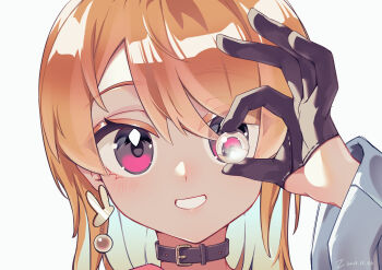 1girl belt_collar black_collar black_gloves blush close-up collar colored_inner_hair commentary_request dated earrings eyes_visible_through_hair gloves grin hand_up head_tilt highres holding jewelry kuon_iki looking_at_viewer marble_(toy) medium_hair multicolored_hair open_mouth orange_hair original parted_bangs pink_eyes portrait rabbit_earrings raised_eyebrows refraction simple_background smile solo white_background white_hair