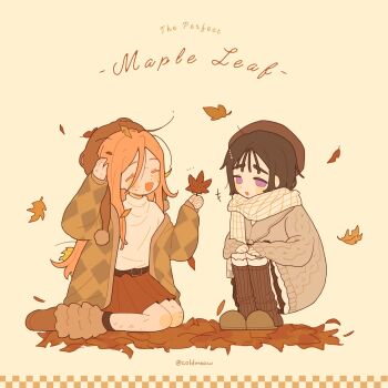 +++ 2girls alien_stage alternate_costume autumn_leaves beret black_hair brown_cardigan brown_hair brown_leg_warmers brown_shoes brown_skirt brown_sweater cardigan checkered_cardigan closed_eyes coldmeow colored_eyelashes commentary english_text hat highres holding holding_leaf knit_sweater leaf leg_warmers long_hair maple_leaf mizi_(alien_stage) multiple_girls open_mouth pink_hair plaid_clothes plaid_scarf pleated_skirt purple_eyes scarf shoes short_hair signature sitting skirt smile squatting sua_(alien_stage) sweater white_scarf white_sweater