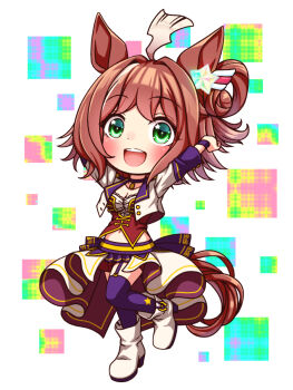 1girl ahoge animal_ears blush bodice boots breasts brown_hair chibi chibi_only choker cleavage collarbone commentary_request corset cropped_jacket full_body garter_straps green_eyes hair_between_eyes hair_ornament highres horse_ears horse_girl horse_tail jacket long_sleeves looking_at_viewer medium_breasts medium_hair midriff_peek navel open_mouth overskirt pendant_choker purple_choker purple_garter_straps purple_thighhighs red_corset red_shorts rhein_kraft_(umamusume) shirt shorts smile solo star_(symbol) starting_future_(umamusume) sugimotty_nova tail thighhighs umamusume white_boots white_jacket white_shirt wristband