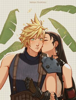 Rule 34 | 1boy, 1girl, armor, artist name, bare shoulders, black gloves, black hair, blonde hair, blue eyes, blue sweater, blush, closed mouth, cloud strife, commentary, couple, earrings, english commentary, final fantasy, final fantasy vii, final fantasy vii rebirth, final fantasy vii remake, fingerless gloves, glint, gloves, hetero, highres, jewelry, katsuartsu, kiss, kissing cheek, long hair, ribbed sweater, shoulder armor, single bare shoulder, sleeveless, sleeveless turtleneck, sparkle, spiked hair, suspenders, sweater, tifa lockhart, turtleneck, turtleneck sweater, upper body