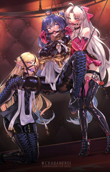 3girls ahoge applying_gag ball_gag bare_shoulders blonde_hair blue_eyes bodysuit boots breasts carlotta_(wuthering_waves) cartethyia_(wuthering_waves) chain chain_leash cleavage collar collarbone dress elbow_gloves gag gag_harness gagged gloves green_eyes grey_hair high_heel_boots high_heels highres iuno_(wuthering_waves) kanchigai kinomoto_sakura kinomoto_sakura_(silk_ribbon) lace-up_boots large_breasts latex latex_bodysuit leash long_hair looking_at_another medium_breasts multiple_girls nipple_clamps nipple_cutout pink_gloves pleated_dress pointy_ears purple_hair ring_gag separated_legs shibari shibari_over_clothes skin_tight skindentation suspension thigh_boots thigh_strap thighhighs twintails very_long_hair wuthering_waves zettai_ryouiki