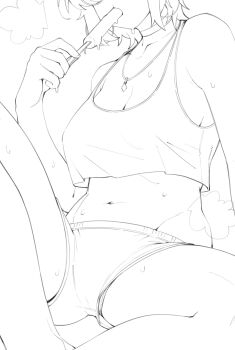 Rule 34 | 1girl, absurdres, breasts, cleavage, crop top, dolphin shorts, eyes out of frame, feet out of frame, food, food in mouth, greyscale, head out of frame, highres, holding, holding food, holding popsicle, jewelry, kokuya (kokuya28), lineart, medium breasts, melting popsicle, midriff, monochrome, navel, necklace, original, popsicle, popsicle in mouth, short hair, shorts, simple background, sitting, solo, sweat, tank top