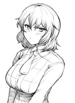 Rule 34 | 1girl, ascot, blush, breasts, closed mouth, collared shirt, commentary request, gingham vest (clothing), greyscale, kazami yuuka, large breasts, lineart, long sleeves, looking at viewer, monochrome, sadahiro (chicken nugget gyuuniku aji), shirt, short hair, solo, touhou, upper body, v-shaped eyebrows, vest