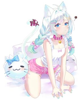 1girl ahoge animal_ears bell blue_bow blue_eyes blue_streaks bow braid breasts camisole cat_ears cat_girl cat_tail cleavage collar densetsu.exe dolphin_shorts frilled_camisole frills gradient_hair green_hair hair_ornament highres kneeling long_hair mint_fantome mint_fantome_(otaku) multicolored_hair neck_bell pink_bow pink_collar pink_shorts pink_streaks pout shorts small_breasts solo streaked_hair tail tail_bow tail_ornament thighs twin_braids virtual_youtuber white_background white_camisole white_hair x_hair_ornament xielzhy0