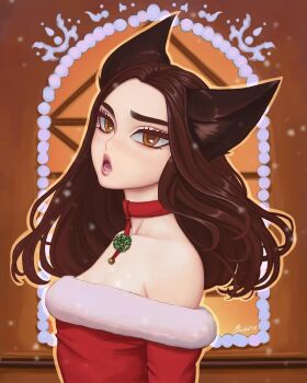 1girl animal_ears blush breasts choker christmas cute_&amp;_girly_(idolmaster) dress eyelashes fangs female_focus fox_ears fox_girl gabriel_carrasquillo gingerbread_house highres holiday idolmaster long_hair looking_at_viewer md5_mismatch mistletoe open_mouth original outdoors red_dress small_breasts solo window winter_clothes yellow_eyes