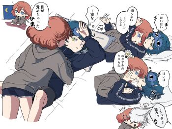 2girls anger_vein between_legs black_jacket black_shorts blue_eyes blue_hair commentary grey_hoodie grin gundam gundam_suisei_no_majo hand_on_another's_face highres hood hoodie jacket lying_on_person medium_hair multiple_girls mutsunohinan night norea_du_noc orange_hair pillow shorts sleep_mask smile sophie_pulone symbol-only_commentary yellow_eyes yuri