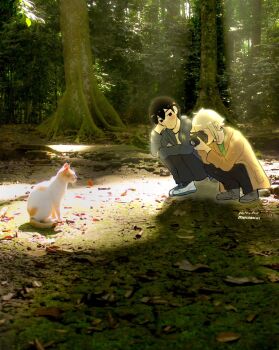 Rule 34 | 2boys, alternate costume, antenna hair, artist name, basil (faraway) (omori), basil (omori), black pants, blonde hair, blue jacket, blush, bright pupils, brown jacket, camera, cat, closed mouth, commentary, day, double-parted bangs, english commentary, forest, grey shoes, hair between eyes, highres, holding, holding camera, hood, hood down, hooded jacket, jacket, long sleeves, looking at another, maisani, multiple boys, nature, omori, open clothes, open jacket, outdoors, pants, photo background, shoes, short hair, sidelocks, sneakers, squatting, sunny (omori), tree, white pupils, white shoes